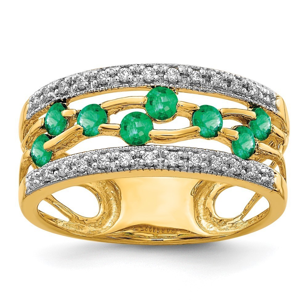 Million Charms 14k Yellow Gold Green Emerald and Diamond Ring, Size 7